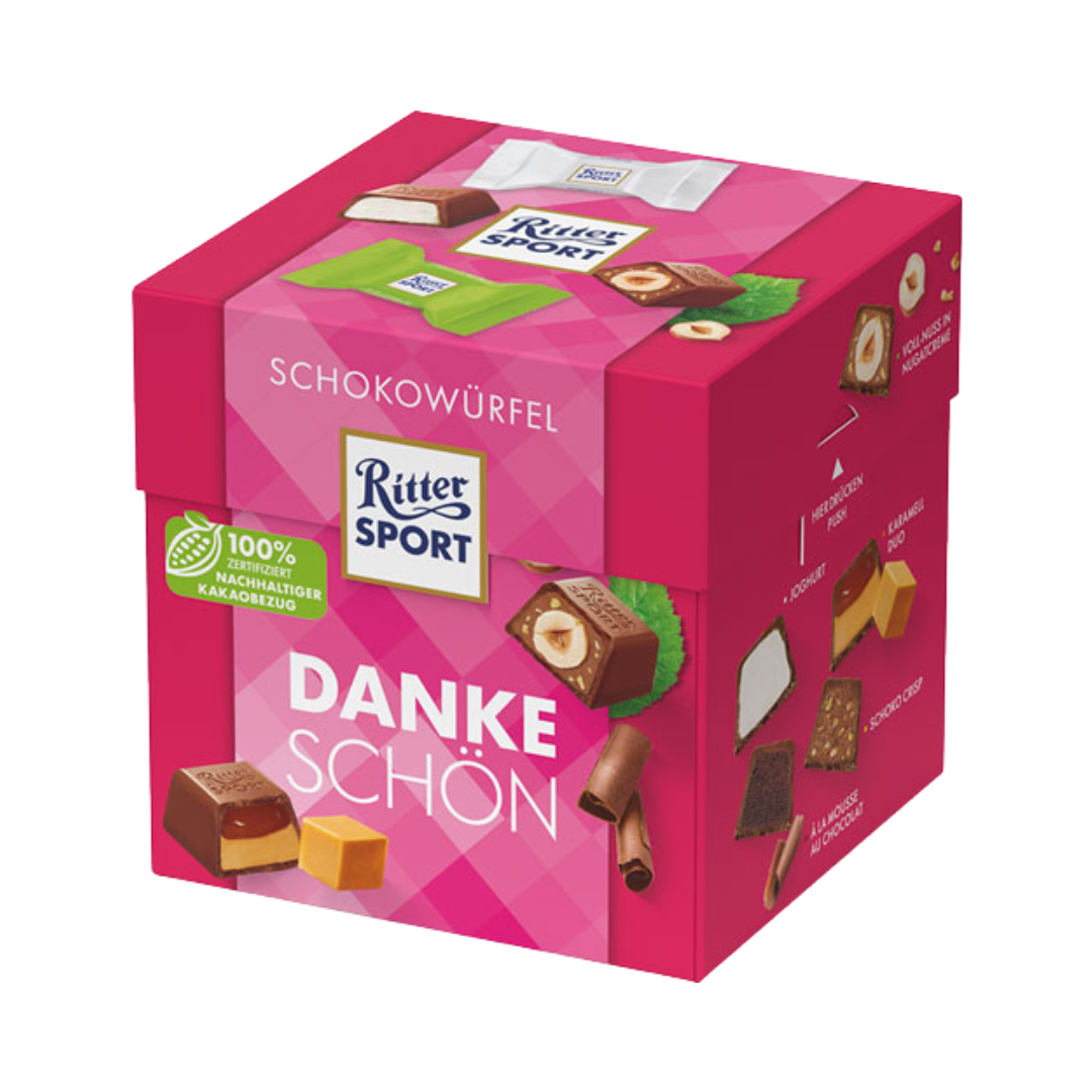 Ritter Sport Schokowürfel Dankeschön, 5 Sorten (Joghurt, Voll­Nuss in Nugatcreme, Mousse au Chocolat, Schoko Crisp, Karamell Duo), 22 Stück, 176g